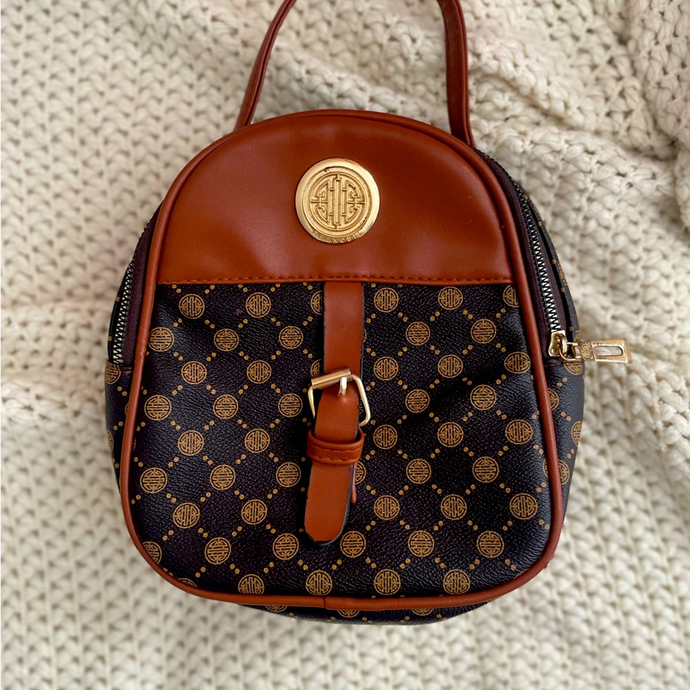 Light brown & dark brown “GRENOBIL” mini bag with gold accents